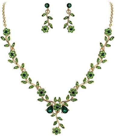 BriLove Women's Wedding Jewelry Leaf Cluster Flower Crystal Dangle Earrings Pendant Necklace Set for Bridal