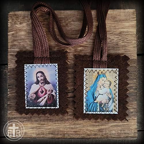 Brown Wool Scapular Of Our Lady Of Mt. Carmel And Sacred Heart - Durable Strong Catholic Gifts For Confirmation Holy Communion Feast Days Christmas