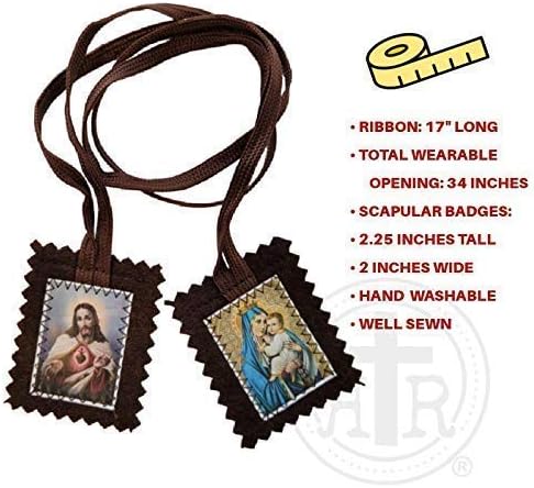 Brown Wool Scapular Of Our Lady Of Mt. Carmel And Sacred Heart - Durable Strong Catholic Gifts For Confirmation Holy Communion Feast Days Christmas