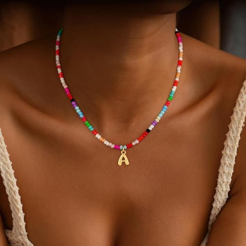 Bubble Colorful Initial Necklaces For Women Girls Kids - Teen Girls Gifts Trendy Bubble Beaded Initial Necklace Cute Letter Birthday Gifts Choker Necklace For Women Girl Kids Jewelry