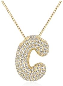 Bubble Letter Necklace Gold for Women Charm Balloon Initial Letter Pendant Zirconia Inlaid Necklaces Fashion Gifts Jewelry
