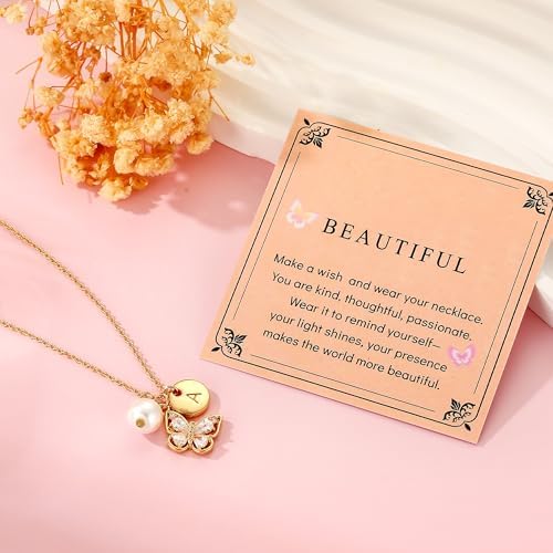 Butterfly Pearl Initial Necklace For Girls 14K Gold Plated Letter Butterfly Pendant Dainty Jewelry Birthday Christmas Gifts For Girls Daughter Best Friend