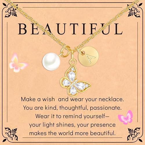 Butterfly Pearl Initial Necklace for Girls 14K Gold Plated Letter Butterfly Pendant Dainty Jewelry Birthday Christmas Gifts for Girls Daughter Best Friend