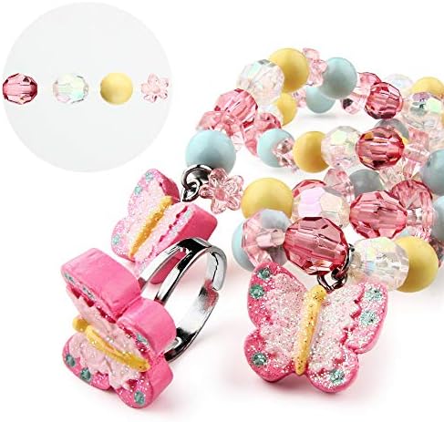 Butterfly Stretch Necklace Little Girl Toddler Necklace Bracelet Set Little Princess Jewelry Kids Play Necklaces Butterfly Rings For Kids