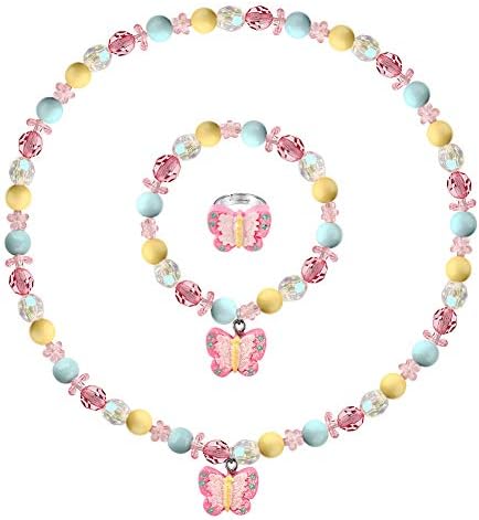 Butterfly Stretch Necklace Little Girl Toddler Necklace Bracelet Set Little Princess Jewelry Kids Play Necklaces Butterfly Rings for Kids