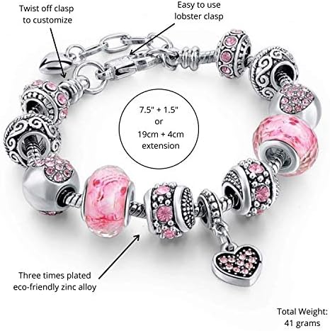 Capital Charms Pink Hearts Silver Plated Charm Bracelet Set Jewelry Gifts With Beads Charms And Adjustable Snake Chain Fits 7.5"+1.5"