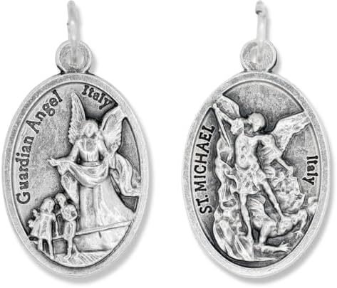 Caritas et Fides Pack of 25 - Guardian Angel St. Michael the Archangel Medals (1.0" Silver Oxidized) - Made in Italy Catholic Angel Pendant for Necklaces