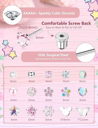 CASSIECA 16 Pairs Hypoallergenic Screw Back Earrings For Women Girls 316L Stainless Steel CZ Ball Heart Flower Screwback Flat Back Stud Earrings Jewelry Gift Women Multicolored Pink