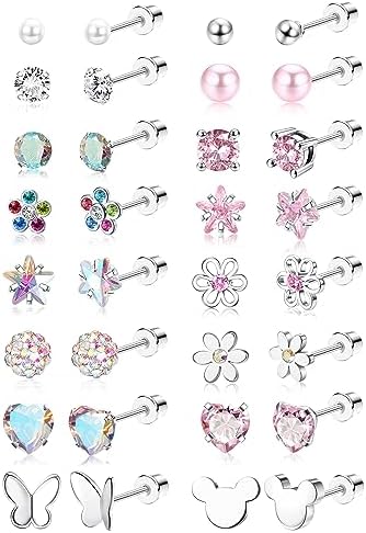 CASSIECA 16 Pairs Hypoallergenic Screw Back Earrings for Women Girls 316L Stainless Steel CZ Ball Heart Flower Screwback Flat Back Stud Earrings Jewelry Gift Women Multicolored Pink