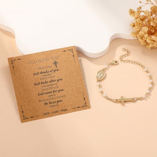 Catholic Bracelets Gifts For Women Girls Simulated Pearl Rosary Beads Virgin Mary Cross Charm Bracelet Confirmation First Communion Baptism Religious Christian Jewelry Gift