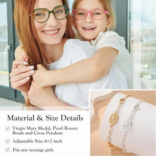 Catholic Bracelets Gifts For Women Girls Simulated Pearl Rosary Beads Virgin Mary Cross Charm Bracelet Confirmation First Communion Baptism Religious Christian Jewelry Gift