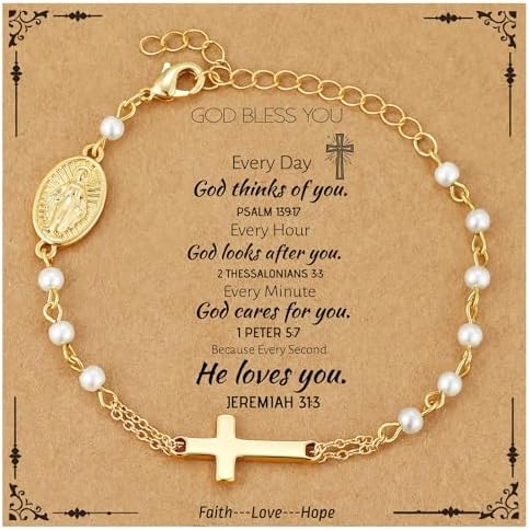Catholic Bracelets Gifts for Women Girls Simulated Pearl Rosary Beads Virgin Mary Cross Charm Bracelet Confirmation First Communion Baptism Religious Christian Jewelry Gift