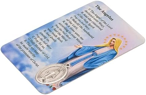 Catholic Holy Card With Built-In Medal Pendant Laminated Full-Color Prayer Printed On Back Great Christian Gift For First Communion And Confirmation (The Angelus)
