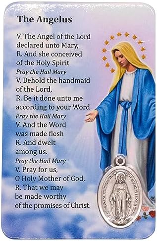Catholic Holy Card with Built-In Medal Pendant Laminated Full-Color Prayer Printed on Back Great Christian Gift for First Communion and Confirmation (The Angelus)