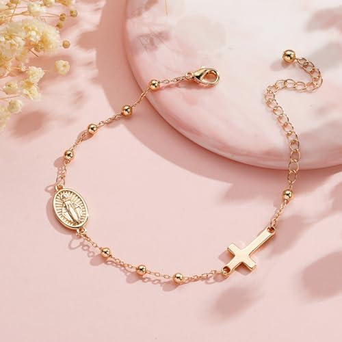 Catholic Virgin Mary Cross Bracelet Gifts For Girls Teens Women Rosary Beads Charm Link Chain Bracelet Christmas Christian Religious Jewelry Gifts