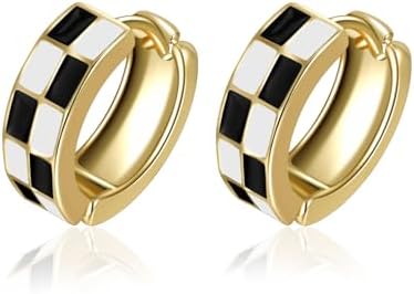 Chic Checker Small Hoop Cartilage Earrings Teacher Earrings for Women；White Black Enamel Hypoallergenic Hooped Gifts Gold and Silver tone