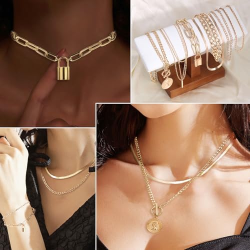 CHICUTIE Gold Jewelry Set For Women 14k Gold Plated Multi Layer Necklaces Bracelets Hoop Earrings Set Stackable Knuckle Rings Trendy Elegance Charms Non Tarnish Minimalist Textured Boho Jewelry Gift