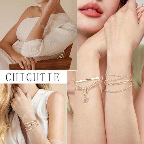 CHICUTIE Gold Jewelry Set For Women 14k Gold Plated Multi Layer Necklaces Bracelets Hoop Earrings Set Stackable Knuckle Rings Trendy Elegance Charms Non Tarnish Minimalist Textured Boho Jewelry Gift