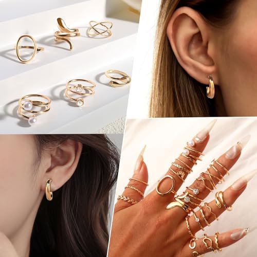 CHICUTIE Gold Jewelry Set For Women 14k Gold Plated Multi Layer Necklaces Bracelets Hoop Earrings Set Stackable Knuckle Rings Trendy Elegance Charms Non Tarnish Minimalist Textured Boho Jewelry Gift
