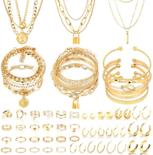CHICUTIE Gold Jewelry Set For Women 14k Gold Plated Multi Layer Necklaces Bracelets Hoop Earrings Set Stackable Knuckle Rings Trendy Elegance Charms Non Tarnish Minimalist Textured Boho Jewelry Gift