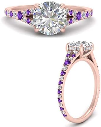 Choose Your Gemstone Round Split Halo Pave Diamond CZ Ring Rose Gold Plated Round Shape Halo Engagement Rings Matching Jewelry Wedding Jewelry Easy To Wear Gifts US Size 4 To 12