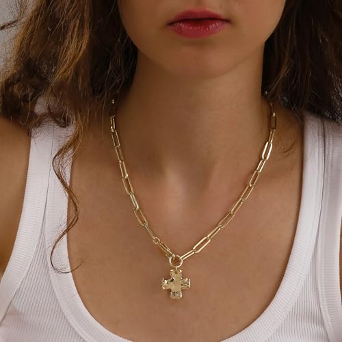 Chunky Cross Necklace For Women Trendy 14K Gold Silver Layered Statement Cross Pendant Charm Necklace Vintage Paperclip Herringbone Snake Choker Chain Costume Jewelry Set Gift Non Tarnish