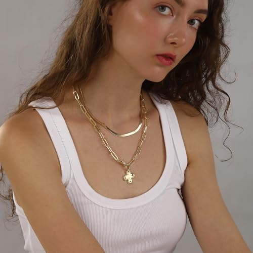 Chunky Cross Necklace For Women Trendy 14K Gold Silver Layered Statement Cross Pendant Charm Necklace Vintage Paperclip Herringbone Snake Choker Chain Costume Jewelry Set Gift Non Tarnish