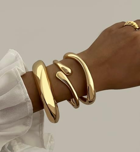 Chunky Gold Bangle Bracelets For Women Dainty 14k Gold Plated Big Stackable Bangles Set Trendy Statement Cuff Bracelet Stack Fashion Jewelry Gifts