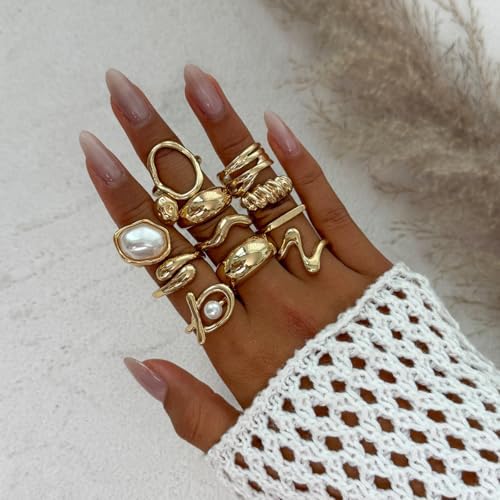 Chunky Gold Rings For Women Gold Baroque Pearl Rings Open Adjustable Pearl Ring Stacking Knuckles Rings Set Boho Prom Costume Fashion Jewelry For Women 2025