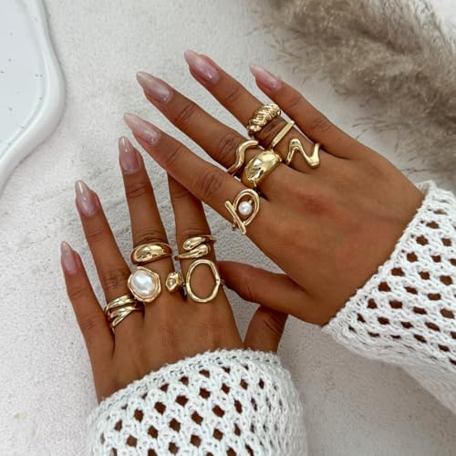 Chunky Gold Rings For Women Gold Baroque Pearl Rings Open Adjustable Pearl Ring Stacking Knuckles Rings Set Boho Prom Costume Fashion Jewelry For Women 2025
