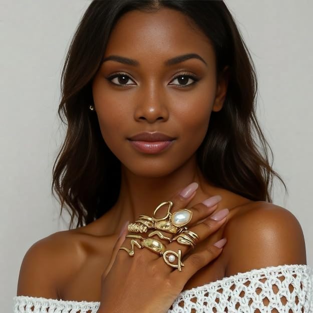 Chunky Gold Rings For Women Gold Baroque Pearl Rings Open Adjustable Pearl Ring Stacking Knuckles Rings Set Boho Prom Costume Fashion Jewelry For Women 2025