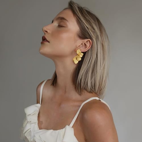 Chunky Gold Statement Earrings For Women Gold Plated Sectored Flower Leaf Shell Angel Wing Earrings Large Stud Earrings Hypoallergenic Earrings