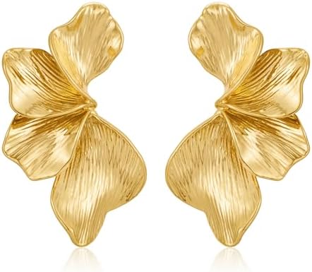 Chunky Gold Statement Earrings For Women Gold Plated Sectored Flower Leaf Shell Angel Wing Earrings Large Stud Earrings Hypoallergenic Earrings