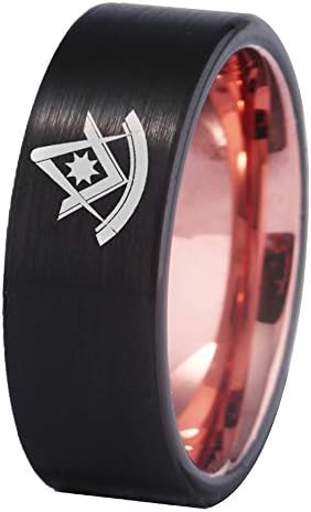 CLOUD DANCER Mason Past Master Symbol Design Rings 8mm Black Pipe Brushed and Rose Gold Tone Tungsten Carbide Wedding Ring-Free Customize Engraving