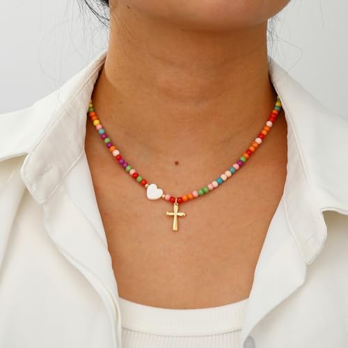 Colorful Beaded Cross Necklace For Girl Women 18K Gold Plated Pendant First Communion Confirmation Baptism Christian Religious Catholic Jewelry Gifts For Teen Girl 15+2 Inches