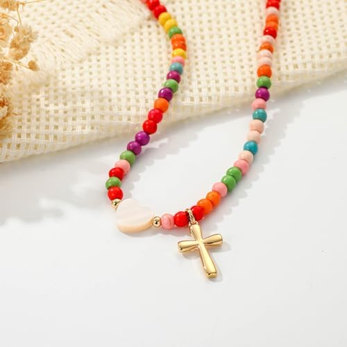 Colorful Beaded Cross Necklace For Girl Women 18K Gold Plated Pendant First Communion Confirmation Baptism Christian Religious Catholic Jewelry Gifts For Teen Girl 15+2 Inches