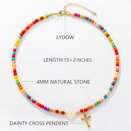 Colorful Beaded Cross Necklace For Girl Women 18K Gold Plated Pendant First Communion Confirmation Baptism Christian Religious Catholic Jewelry Gifts For Teen Girl 15+2 Inches