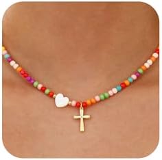 Colorful Beaded Cross Necklace for Girl Women 18K Gold Plated Pendant First Communion Confirmation Baptism Christian Religious Catholic Jewelry Gifts for Teen Girl 15+2 Inches