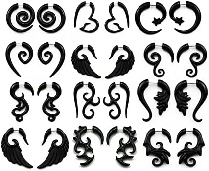 COLORFUL BLING 6-12Pairs Stainless Steel Punk Black Tribal Spiral Fake Gauges Acrylic Ear Tapers Fake Plugs Horn Stud Earrings Tunnel Body Piercing Jewelry