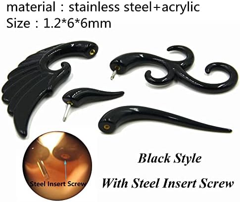 COLORFUL BLING 6-12Pairs Stainless Steel Punk Black Tribal Spiral Fake Gauges Acrylic Ear Tapers Fake Plugs Horn Stud Earrings Tunnel Body Piercing Jewelry