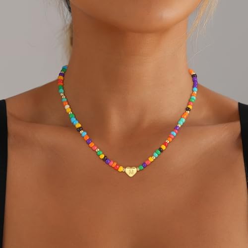 Colorful Heart Initial Necklaces For Girl Kids - 18K Gold Filled Colorful Bead Initial A-Z Letter Necklace Teen Girls Gifts Trendy Stuff Birthday Gifts For 5 6 7 8 9 10 Year Old Girls Gift