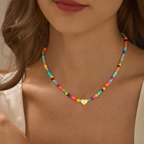 Colorful Heart Initial Necklaces For Girl Kids - 18K Gold Filled Colorful Bead Initial A-Z Letter Necklace Teen Girls Gifts Trendy Stuff Birthday Gifts For 5 6 7 8 9 10 Year Old Girls Gift