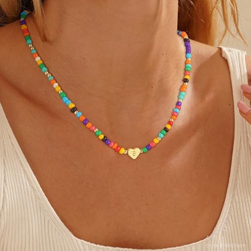Colorful Heart Initial Necklaces For Girl Kids - 18K Gold Filled Colorful Bead Initial A-Z Letter Necklace Teen Girls Gifts Trendy Stuff Birthday Gifts For 5 6 7 8 9 10 Year Old Girls Gift