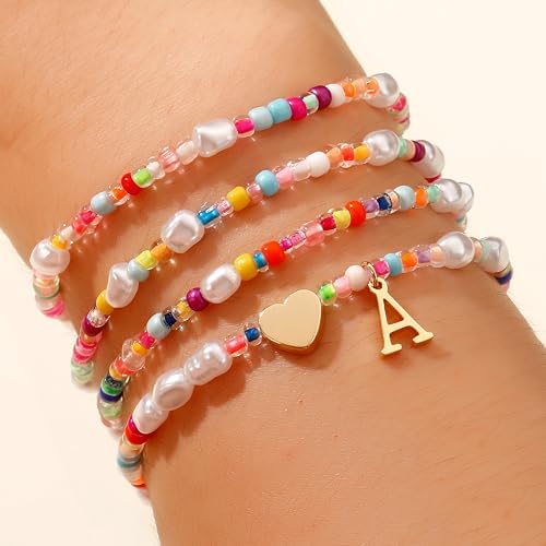 Colorful Initial Bracelets For Girls - 4PCS Gold Stretchable Boho Beaded Pearl Heart Initial Bracelets For Women Teen Girl Gifts Trendy Stuff Cute Stackable Kids Jewelry Set Birthday Gifts