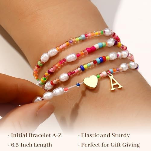 Colorful Initial Bracelets For Girls - 4PCS Gold Stretchable Boho Beaded Pearl Heart Initial Bracelets For Women Teen Girl Gifts Trendy Stuff Cute Stackable Kids Jewelry Set Birthday Gifts