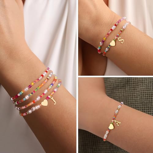 Colorful Initial Bracelets For Girls - 4PCS Gold Stretchable Boho Beaded Pearl Heart Initial Bracelets For Women Teen Girl Gifts Trendy Stuff Cute Stackable Kids Jewelry Set Birthday Gifts