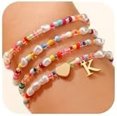 Colorful Initial Bracelets for Girls - 4PCS Gold Stretchable Boho Beaded Pearl Heart Initial Bracelets for Women Teen Girl Gifts Trendy Stuff Cute Stackable Kids Jewelry Set Birthday Gifts