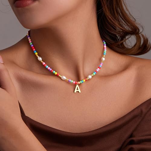 Colorful Initial Necklace For Girls – Trendy Dainty Beaded Choker With Letter Pendant 14K Gold Plated Cute Personalized Jewelry Gift For Kids Teens Women Birthday Christmas Lockets