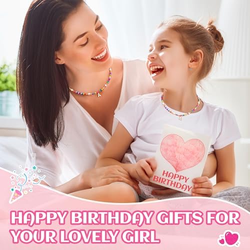 Colorful Initial Necklace For Girls – Trendy Dainty Beaded Choker With Letter Pendant 14K Gold Plated Cute Personalized Jewelry Gift For Kids Teens Women Birthday Christmas Lockets