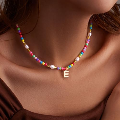 Colorful Initial Necklace For Girls – Trendy Dainty Beaded Choker With Letter Pendant 14K Gold Plated Cute Personalized Jewelry Gift For Kids Teens Women Birthday Christmas Lockets